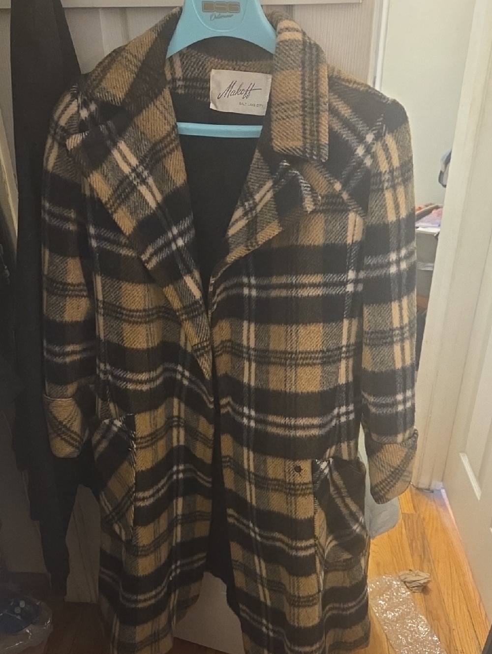 Vintage Black and Tan Plaid Wool Pea Coat